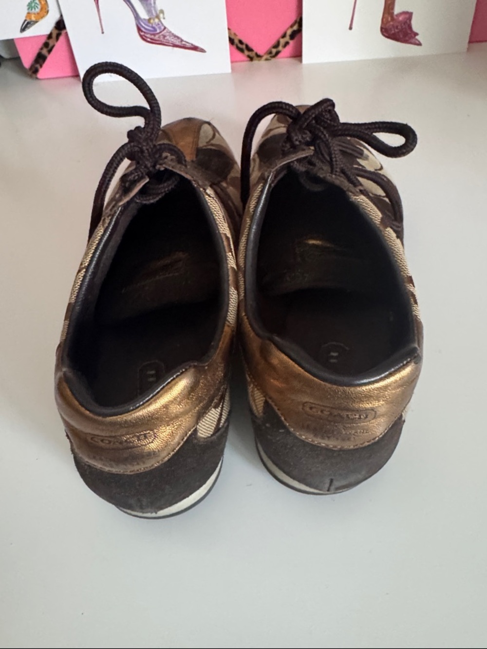 Coach Brown Signature Canvas Sneakers with Metallic Bronze Toe - Picture 3 of 4